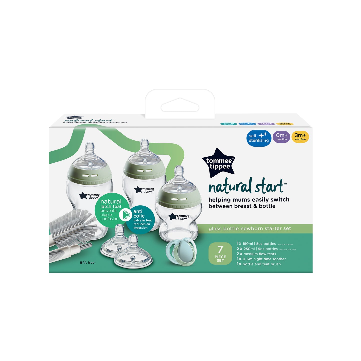 Tommee Tippee Natural Start Glass Newborn Starter Set – Durable Borosilicate, Anti-Colic, Self-Sterilising