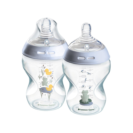 Tommee Tippee Natural Start Decorated Baby Bottle – 2 Pack – Breast-Like Teat, Anti-Colic Valve, Self-Sterilising, Leakproof, BPA-Free – Award-Winning Design