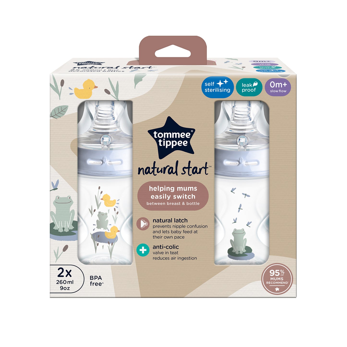 Tommee Tippee Natural Start Decorated Baby Bottle – 2 Pack – Breast-Like Teat, Anti-Colic Valve, Self-Sterilising, Leakproof, BPA-Free – Award-Winning Design