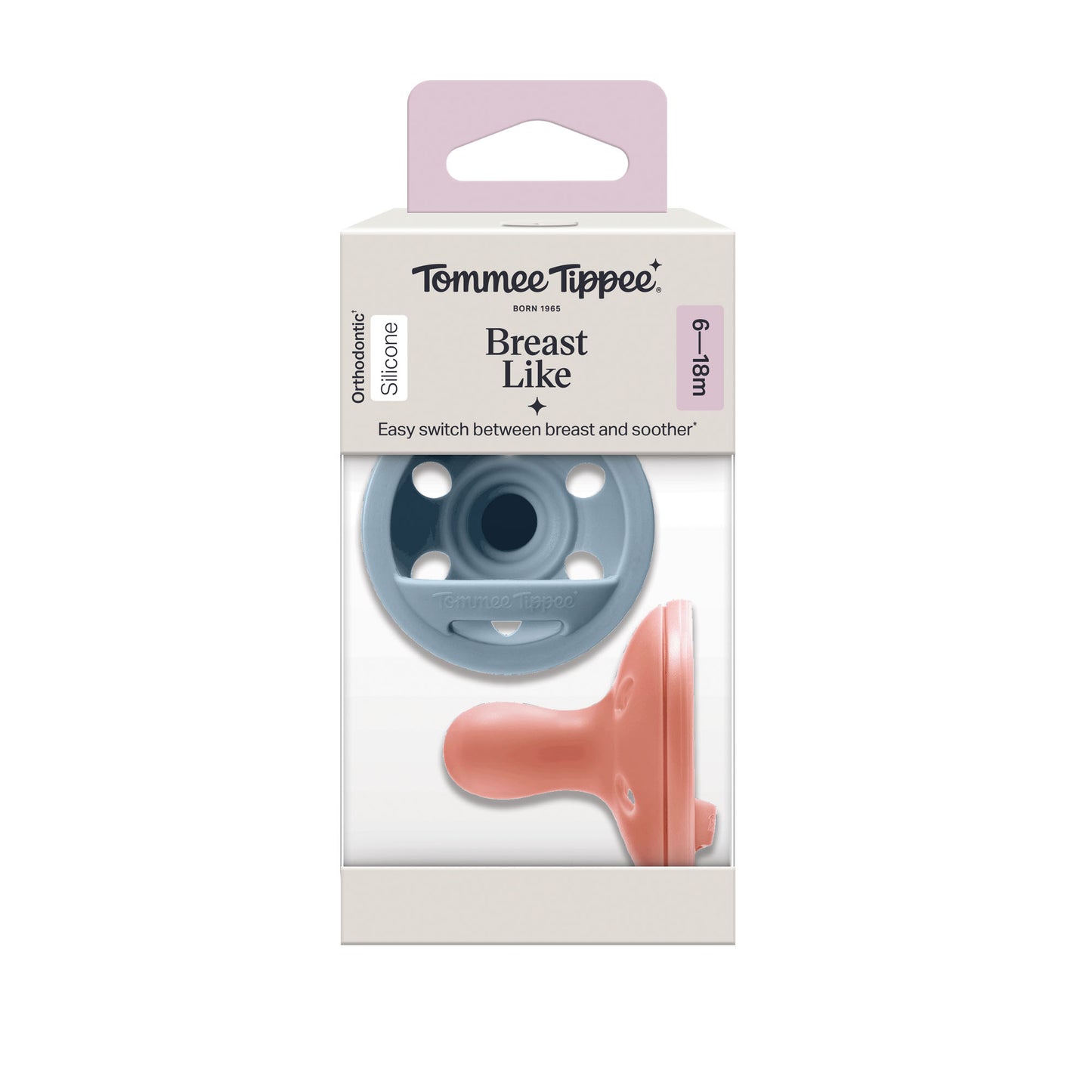 Tommee Tippee Breast-Like Soothers 6-18 Months – 2 Pack – One-Piece Design, Skin-Like Feel, Orthodontic & Breastfeeding-Friendly Comfort