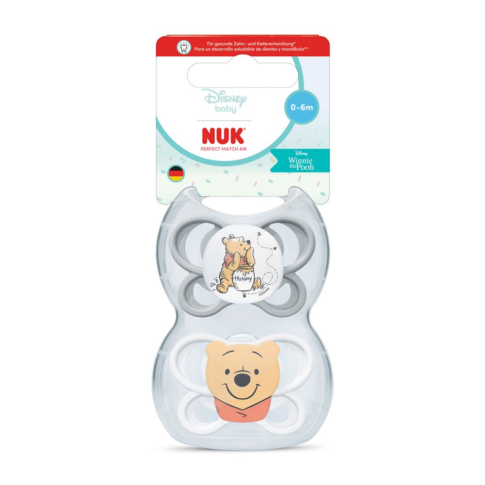 NUK Perfect Match Air Baby Dummies | 0-6 Months | Orthodontic Soothers that Promote Air Flow & Prevent Drool Rash | 95% Baby Acceptance** | Winnie the Pooh | 2 Count