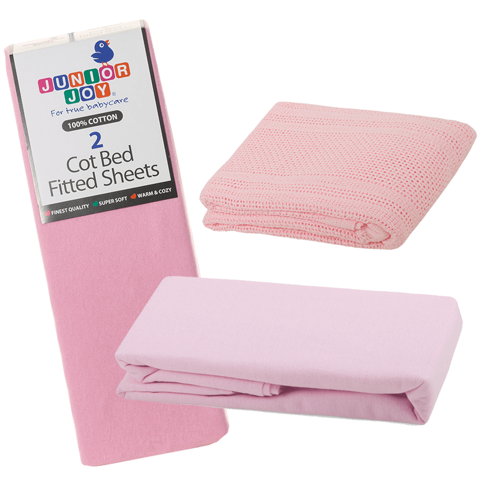 2 Cot Bed Fitted Sheets, 2 Flannelette Sheets & Cellular Blanket Bundle