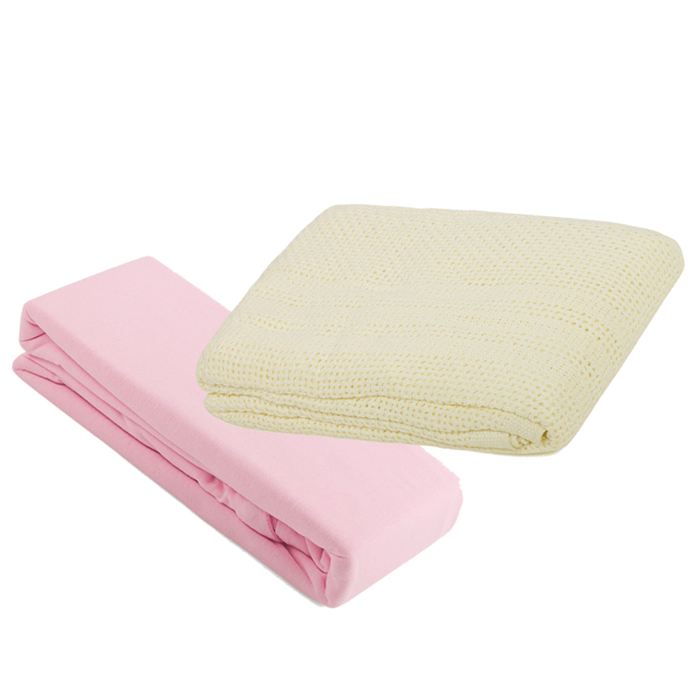 2 Pram Fitted Sheets & Cellular Blanket Bundle