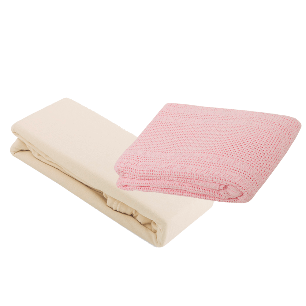 2 Pram Fitted Sheets & Cellular Blanket Bundle