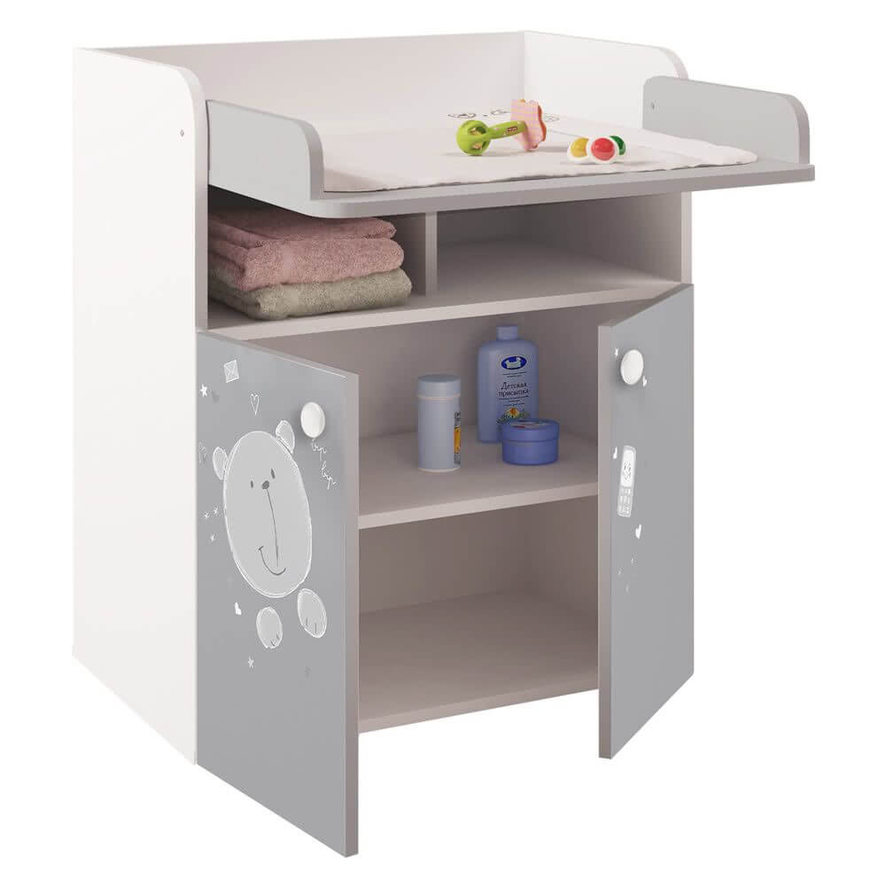 Changing Board Cupboard, Teddy Print - White-Grey