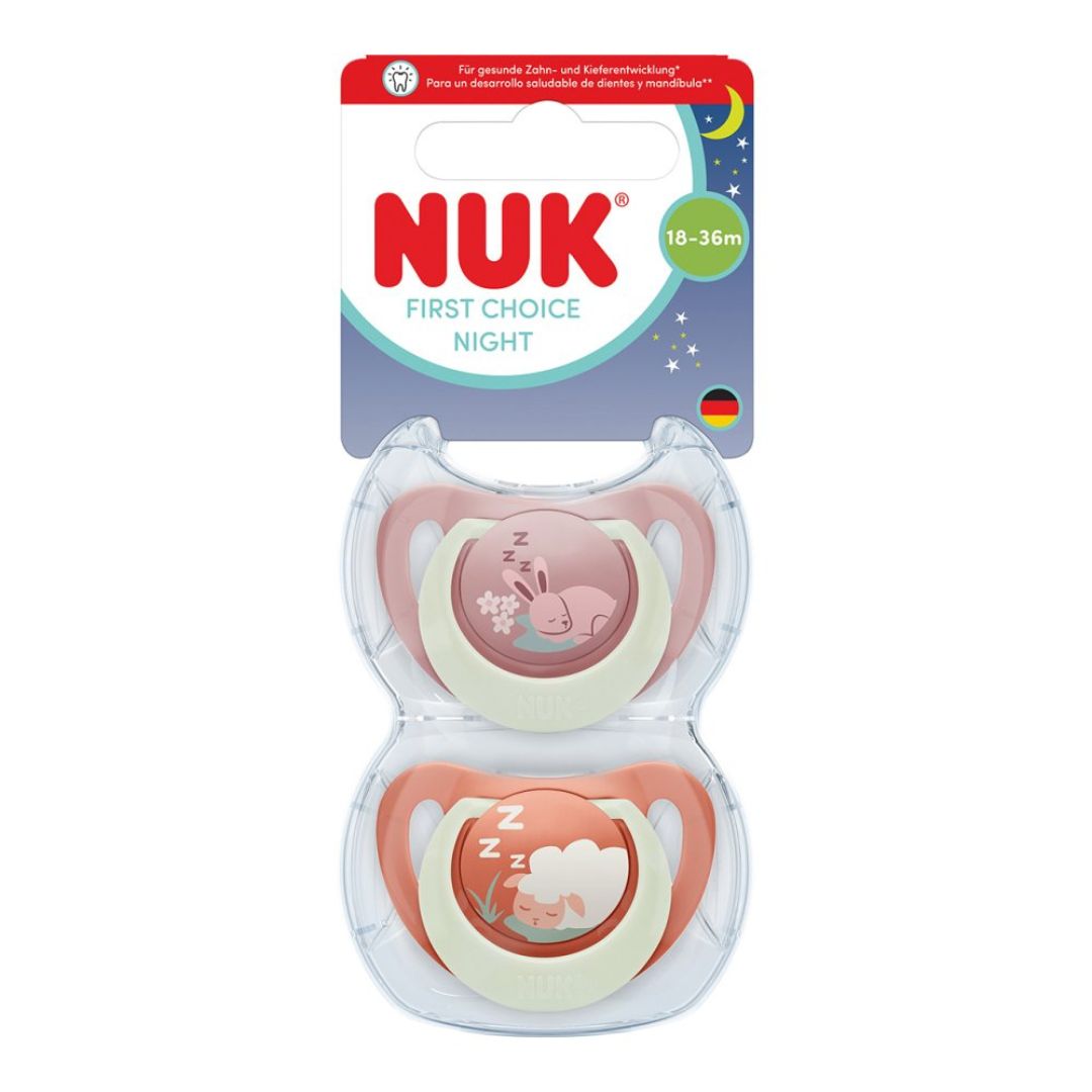 NUK First Choice Night Baby Dummies 18–36 Months – Glow in the Dark Orthodontic Soothers (2 Pack)