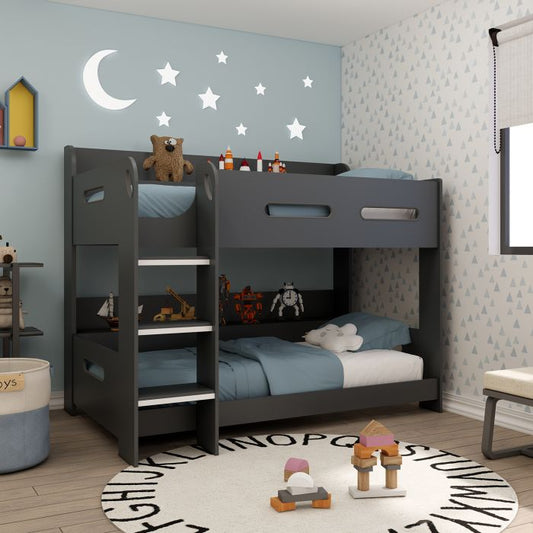 Anthracite Bunk Bed with Built-In Shelf Storage – Space-Saving Modern Twin Sleeper for Kids