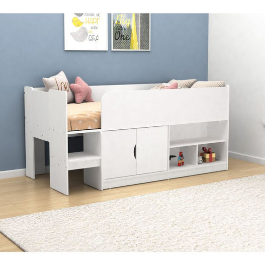 Kudl White Mid Sleeper Cabin Bed with Storage Cupboard & Shelves – Space-Saving Kids Bed