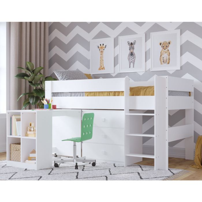 Kudl Children’s Mid Sleeper Bed with Desk & Cupboard – White | Space-Saving 3-Piece Bedroom Bundle