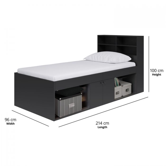 Kidsaw Black Low 3ft Cabin Bed with Bookcase Headboard and Built-In Storage