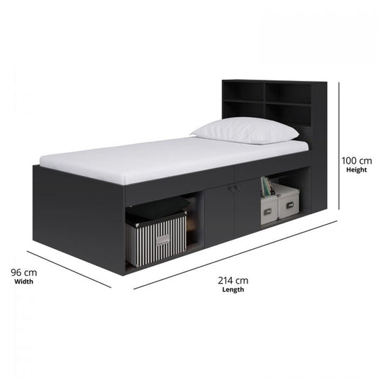 Kidsaw Black Low 3ft Cabin Bed with Bookcase Headboard and Built-In Storage