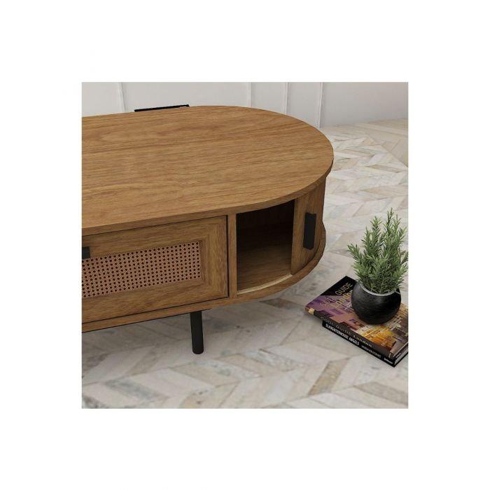 Coffee Table – Light Oak Oval Rattan Storage Table with Sliding Doors