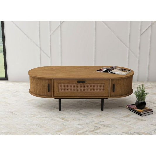 Coffee Table – Light Oak Oval Rattan Storage Table with Sliding Doors
