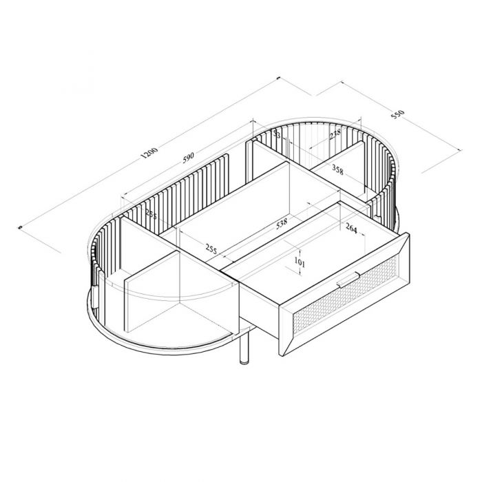 Coffee Table – Light Oak Oval Rattan Storage Table with Sliding Doors