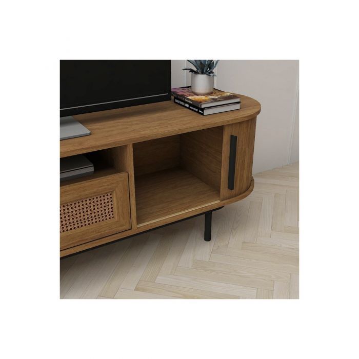 TV Cabinet – 1.8m Rattan Media Unit with Sliding Doors | Light Oak Finish