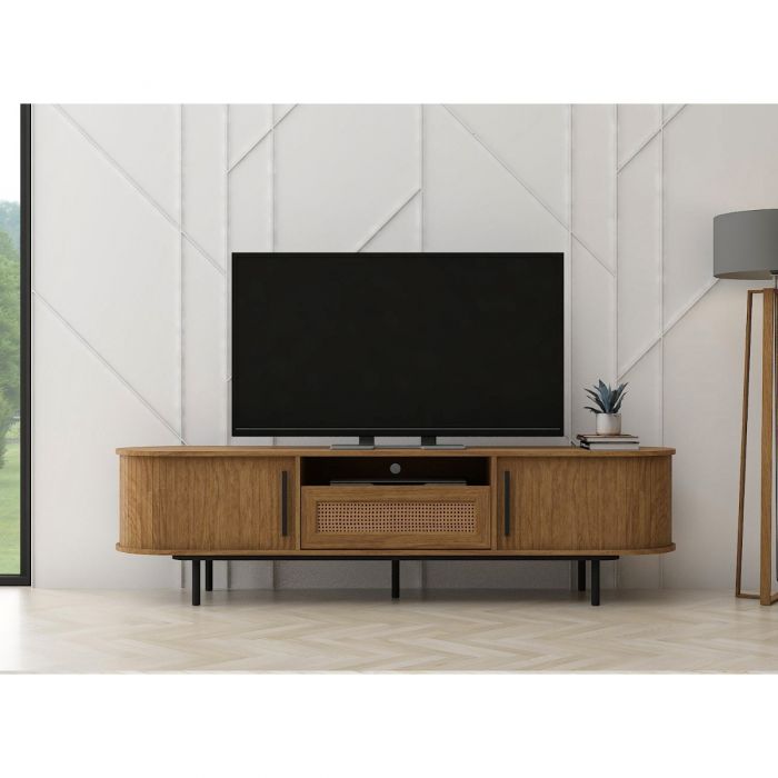 TV Cabinet – 1.8m Rattan Media Unit with Sliding Doors | Light Oak Finish