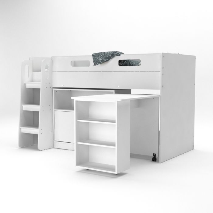 Kudl White Mid Sleeper Bed with Pull-Out Desk, Cupboard & Shelves – Loft Style Kids Storage Bed