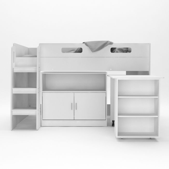 Kudl White Mid Sleeper Bed with Pull-Out Desk, Cupboard & Shelves – Loft Style Kids Storage Bed