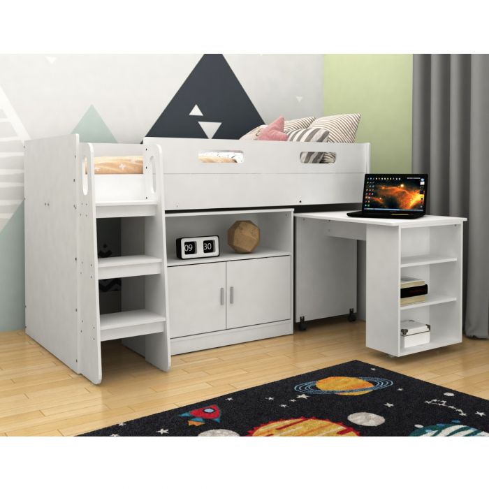 Kudl White Mid Sleeper Bed with Pull-Out Desk, Cupboard & Shelves – Loft Style Kids Storage Bed
