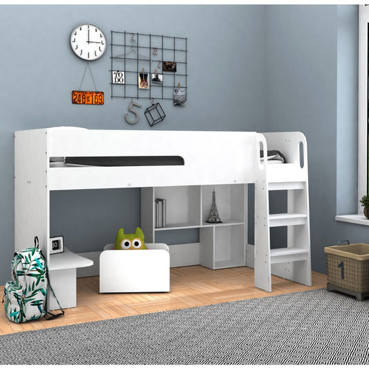 Kudl White Mid Sleeper Bed with Desk, Bookcase & Movable Toybox – Space-Saving Kids Bed