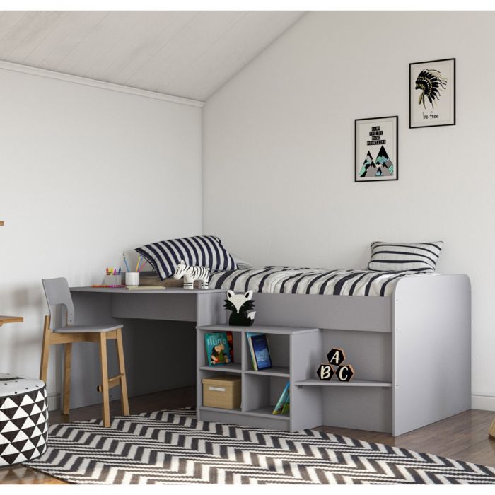 Kidsaw Grey Pilot Cabin Bed with Built-In Desk & Bookcase – Low Profile Space-Saving Kids Bed