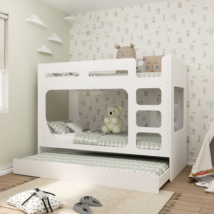 White POD Bunk Bed with Pull-Out Guest Bed & Reversible Ladder – Space-Saving Triple Sleeper for Kids