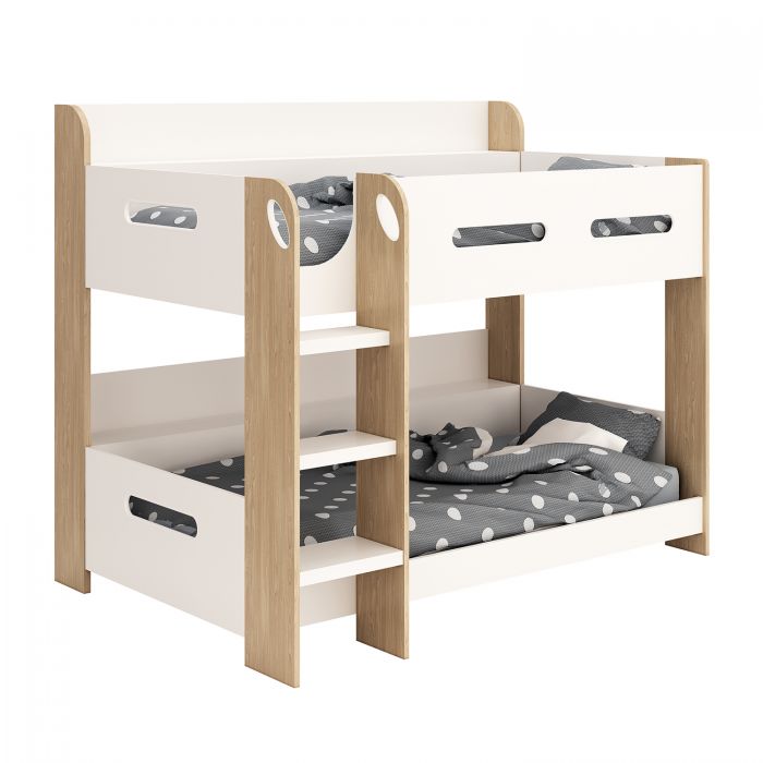 White & Oak Bunk Bed with Built-In Shelf Storage – Modern Space-Saving Twin Sleeper for Kids