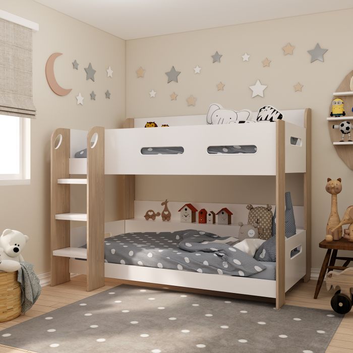 White & Oak Bunk Bed with Built-In Shelf Storage – Modern Space-Saving Twin Sleeper for Kids