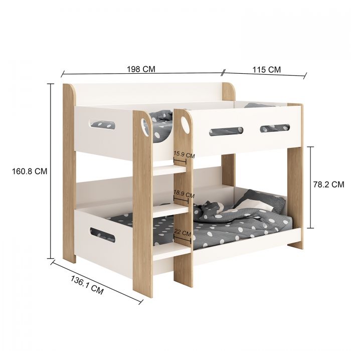 White & Oak Bunk Bed with Built-In Shelf Storage – Modern Space-Saving Twin Sleeper for Kids