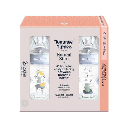 Tommee Tippee Natural Start Decorated Baby Bottle – 2 Pack – Breast-Like Teat, Anti-Colic Valve, Self-Sterilising, Leakproof, BPA-Free – Award-Winning Design