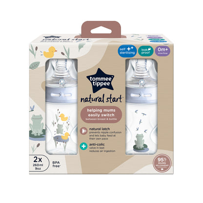 Tommee Tippee Natural Start Decorated Baby Bottle – 2 Pack – Breast-Like Teat, Anti-Colic Valve, Self-Sterilising, Leakproof, BPA-Free – Award-Winning Design