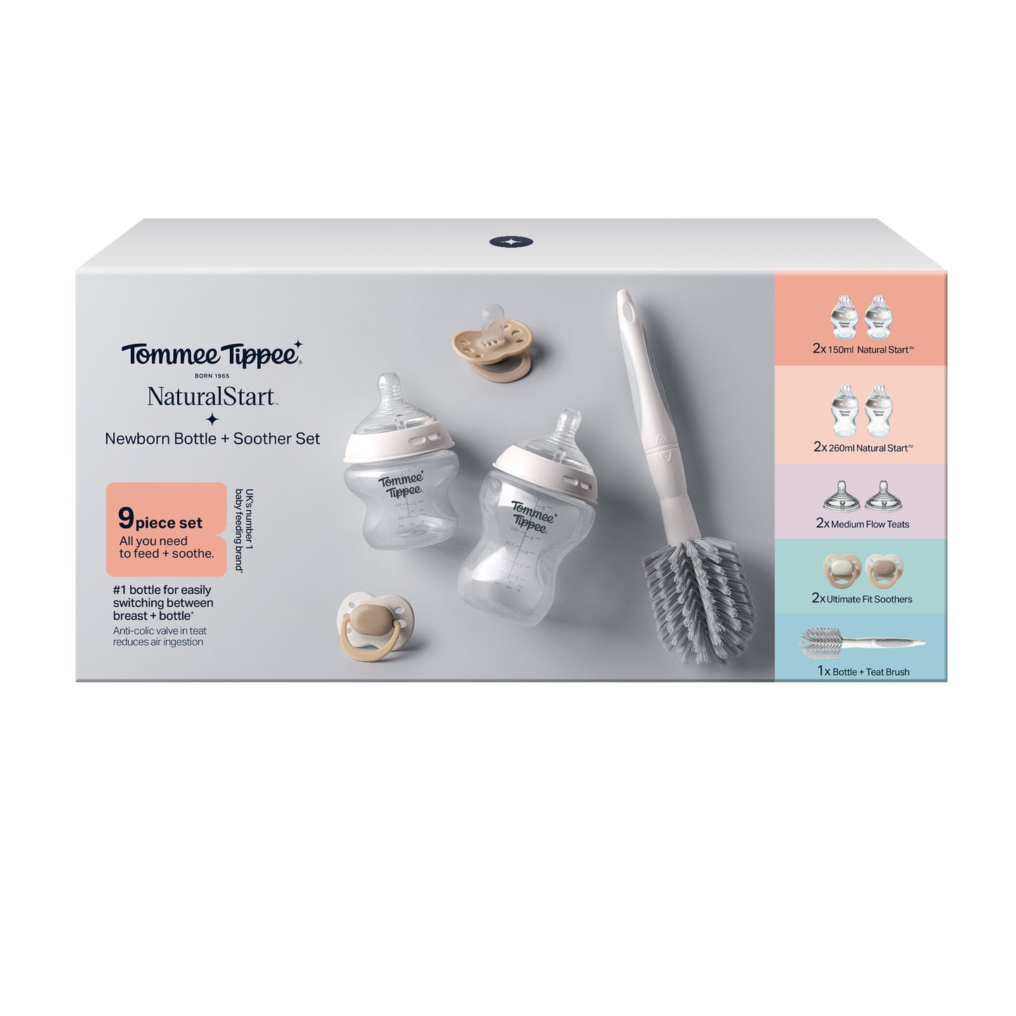 Tommee Tippee Natural Start Newborn Starter Set, 150ml and 260ml Anti-Colic Baby Bottles with Extra-Slow and Slow Flow Teats for a Natural Latch, 2x Ultimate Fit Soothers Included