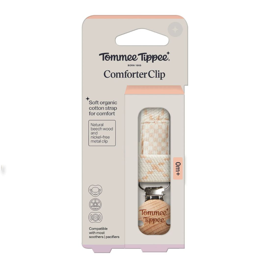 Tommee Tippee Comforter Clip, 0+ months, 1 Pack, Organic Cotton, Compatible with Any Soother, Loop-on Design, Natural Beech Wood and Stainless Steel Soother Clip, Cream