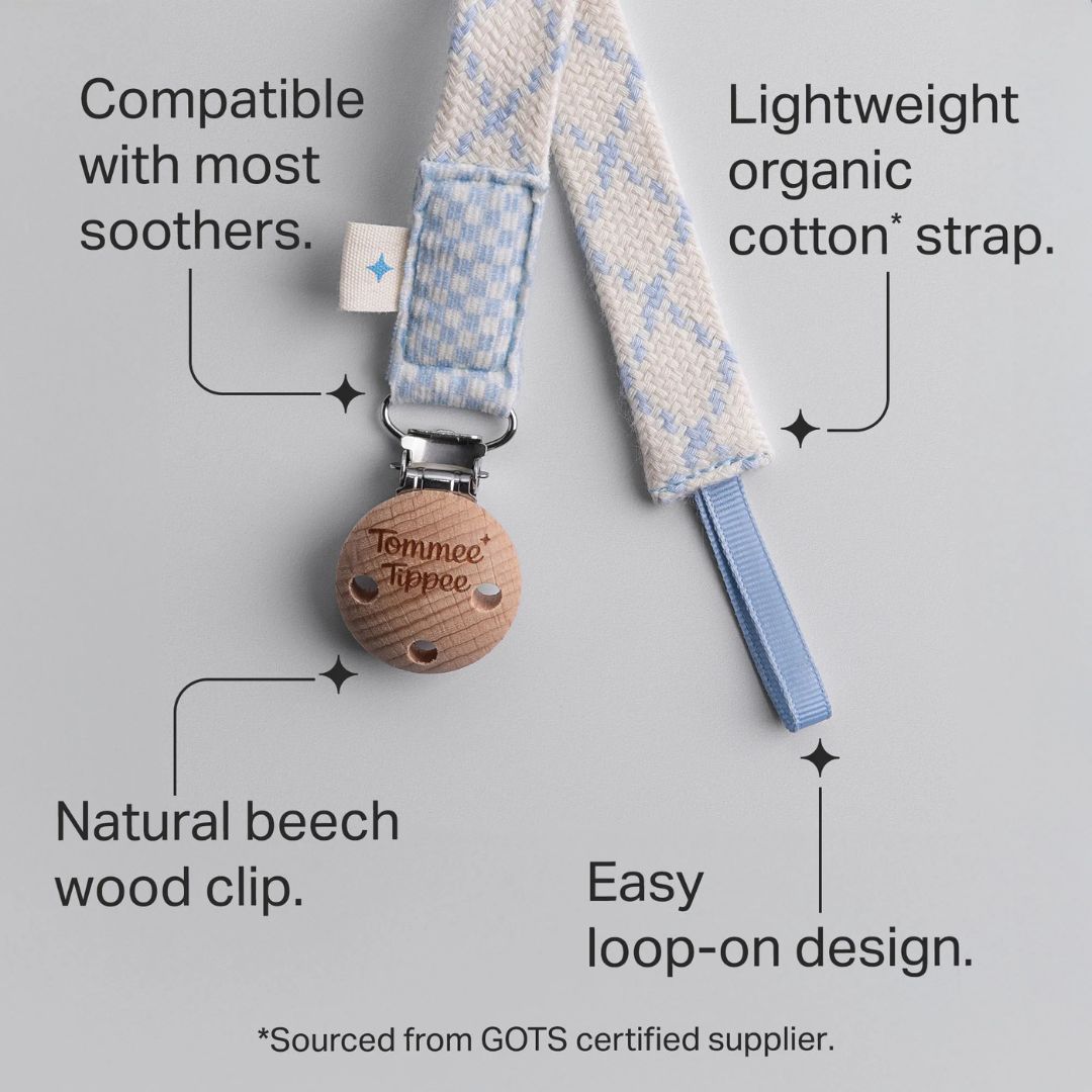 Tommee Tippee Comforter Clip, 0+ months, 1 Pack, Organic Cotton, Compatible with Any Soother, Loop-on Design, Natural Beech Wood and Stainless Steel Soother Clip, Cream