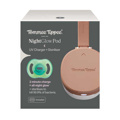 Tommee Tippee NightGlow Pod with 0-6m Ultra-light NightGlow Soother, Charge Glow in the Dark Dummies in 2 Minutes, 3x AA Batteries Lithium Only or Mains-Powered USB Cable, Portable UVC Steriliser