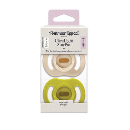 Tommee Tippee Ultra Light Silicone Stay Put Soother 6 to 18 Months 2 Pack Orthodontic Dummy with Case