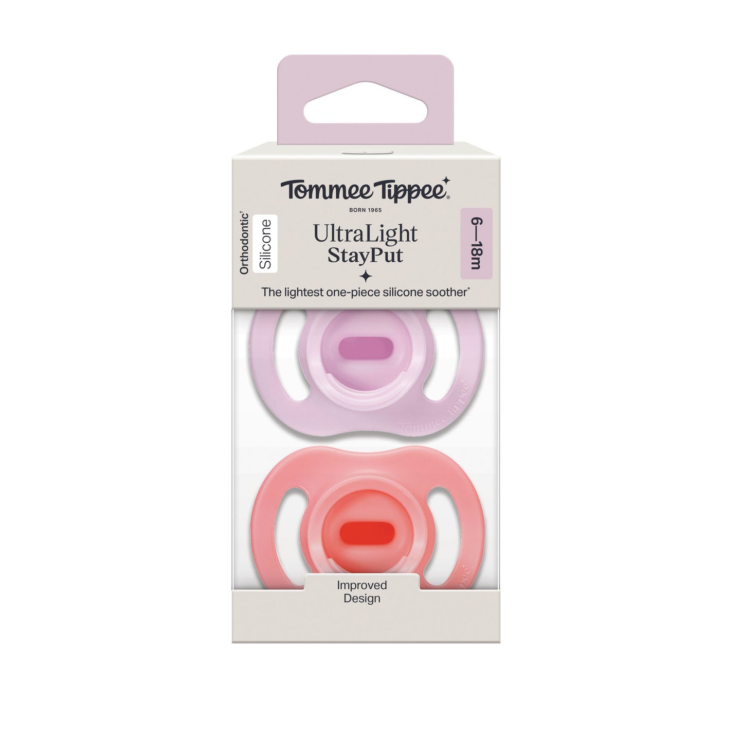 Tommee Tippee Ultra Light Silicone Stay Put Soother 6 to 18 Months 2 Pack Orthodontic Dummy with Case