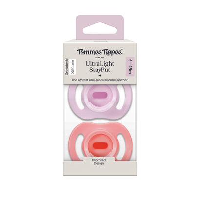 Tommee Tippee Ultra Light Silicone Stay Put Soother 6 to 18 Months 2 Pack Orthodontic Dummy with Case
