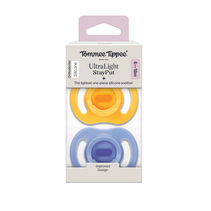 Tommee Tippee Ultra Light Silicone Stay Put Soother 6 to 18 Months 2 Pack Orthodontic Dummy with Case