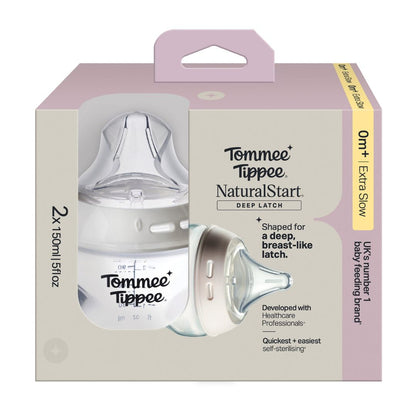 Tommee Tippee Natural Start Baby Bottle and Deep Latch Teat, Extra Slow Flow, 2 pack