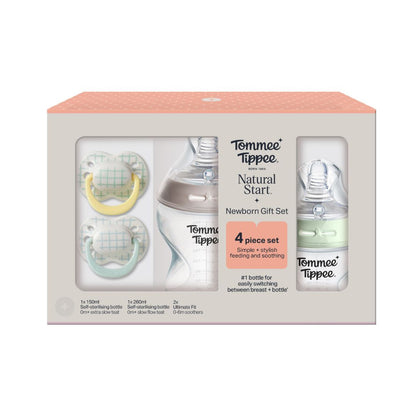Tommee Tippee Natural Start Newborn Gift Set, 150ml and 260ml Anti-Colic Baby Bottles with Extra-Slow and Slow Flow Teats for a Natural Latch, and 2x Ultimate Fit Soother Included