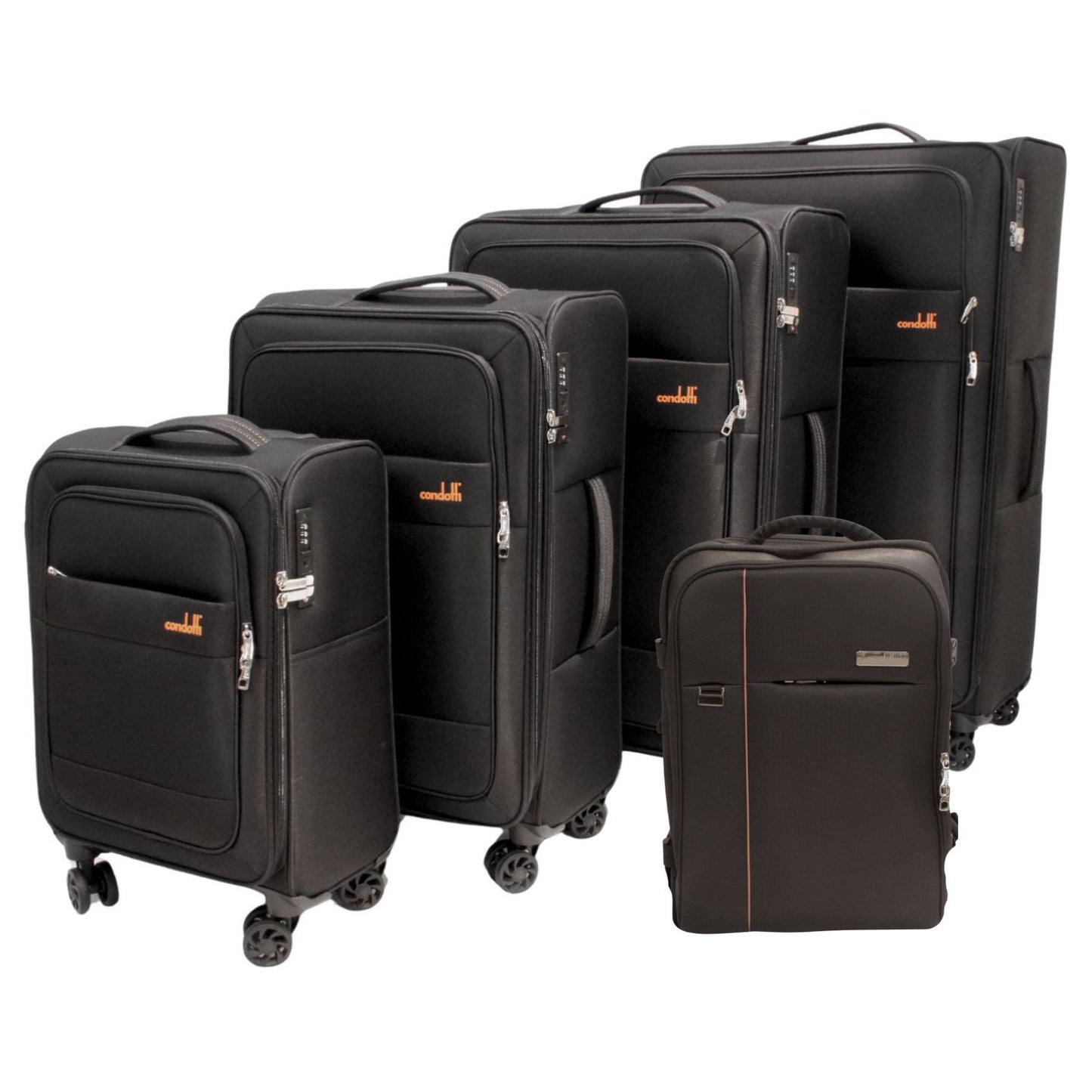 Condotti Triton 5 piece Suitcase and Cabin Approved Backpack Set - 22", 24", 28", 32" Durable Spinner Luggage