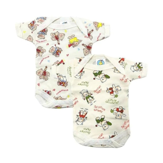 Junior Joy Premature Printed Baby Bodysuits, Cream Colour, 100% Combed Cotton, Short Sleeves, Machine Washable, Pack of 2