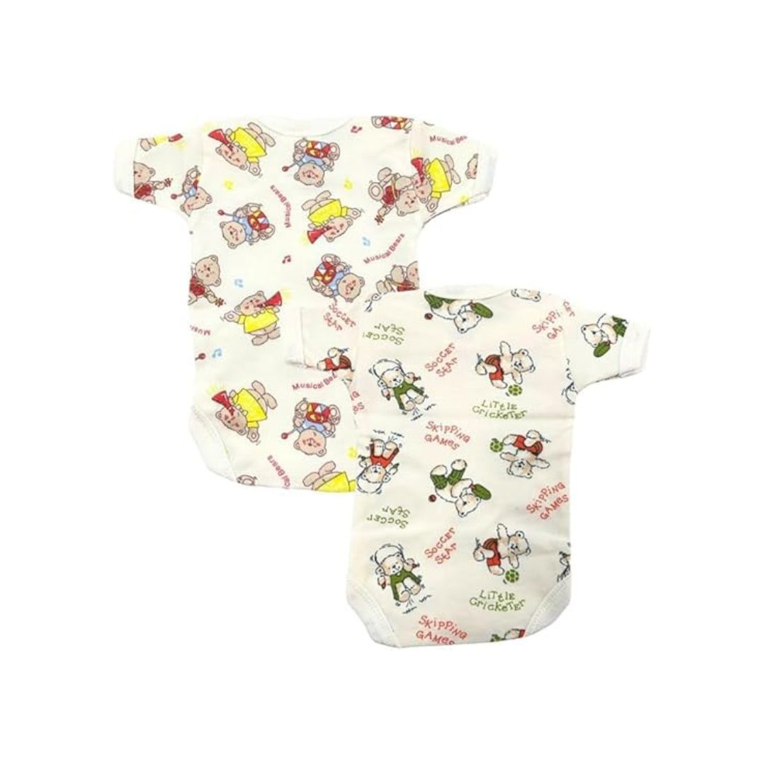 Junior Joy Premature Printed Baby Bodysuits, Cream Colour, 100% Combed Cotton, Short Sleeves, Machine Washable, Pack of 2