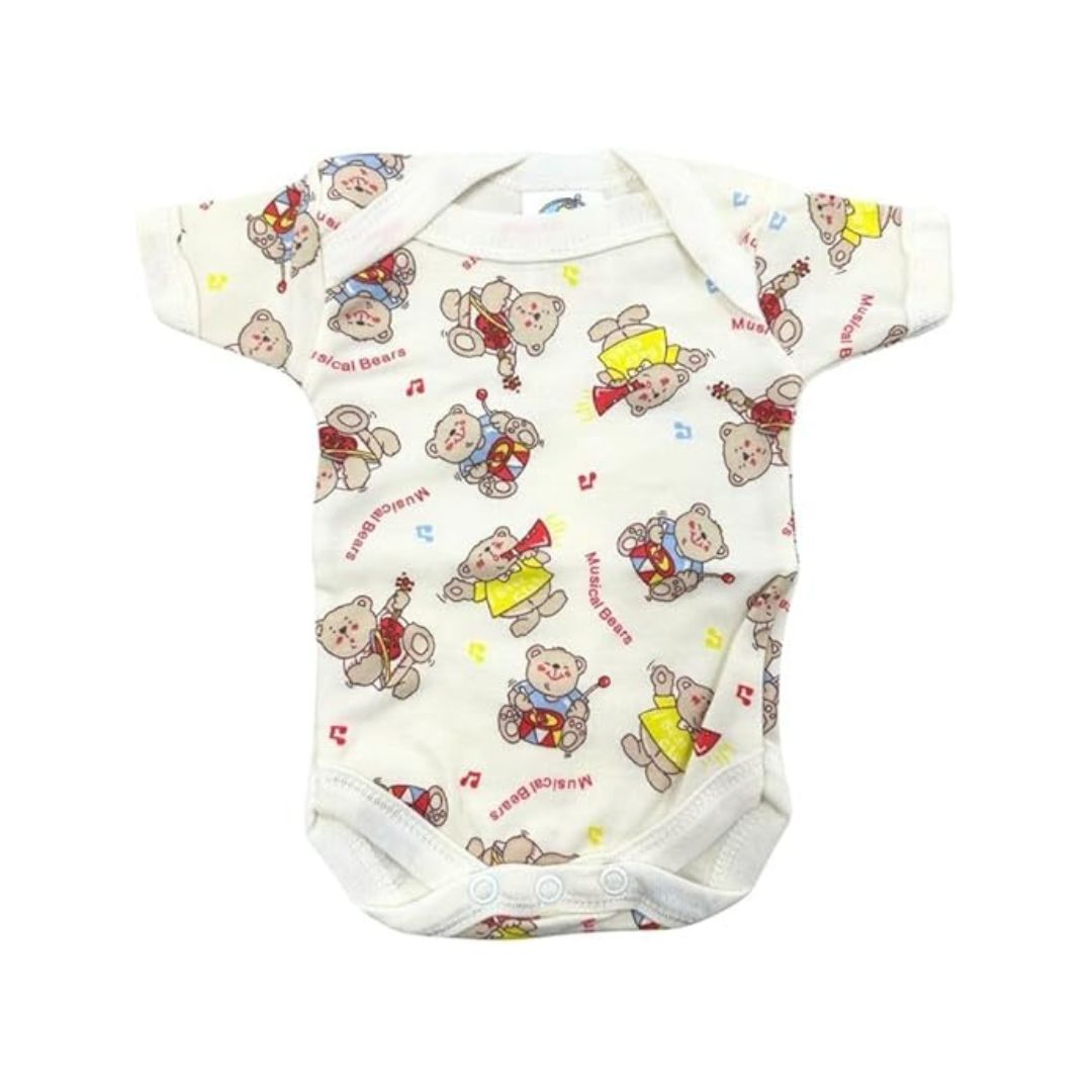 Junior Joy Premature Printed Baby Bodysuits, Cream Colour, 100% Combed Cotton, Short Sleeves, Machine Washable, Pack of 2