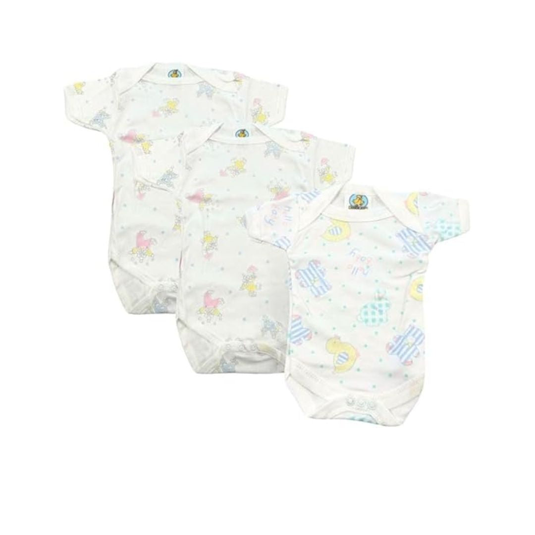 Junior Joy Baby Bodysuits – 3 Pack Printed Cotton for Premature Babies | Short Sleeve, Envelope Neck, Easy Nappy Change
