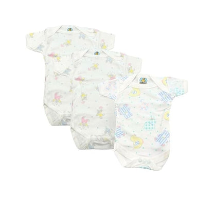 Junior Joy Baby Bodysuits – 3 Pack Printed Cotton for Premature Babies | Short Sleeve, Envelope Neck, Easy Nappy Change