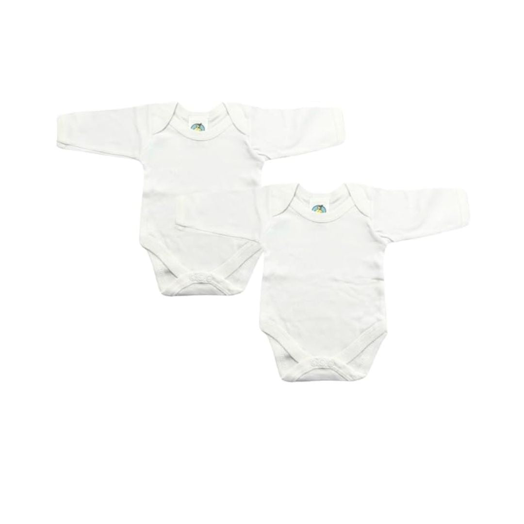 Junior Joy Baby Bodysuits – 2 Pack White, Long Sleeve, Envelope Neck, Super Soft Cotton, Various Size