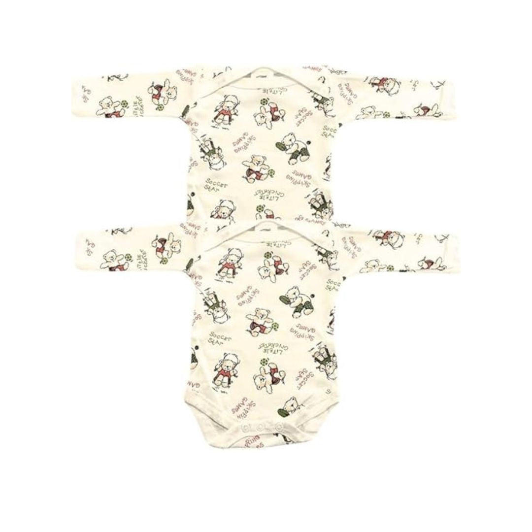 Junior Joy Baby Bodysuits – 2 Pack Cream Printed for Premature Babies | Long Sleeve, Envelope Neck, Easy Nappy Change