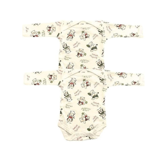Junior Joy Baby Bodysuits – 2 Pack Cream Printed for Premature Babies | Long Sleeve, Envelope Neck, Easy Nappy Change